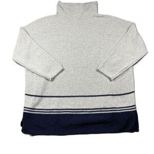 J Jill Women Sweater Turtleneck Stripe Tunic Length Navy Blue Grey XL L156